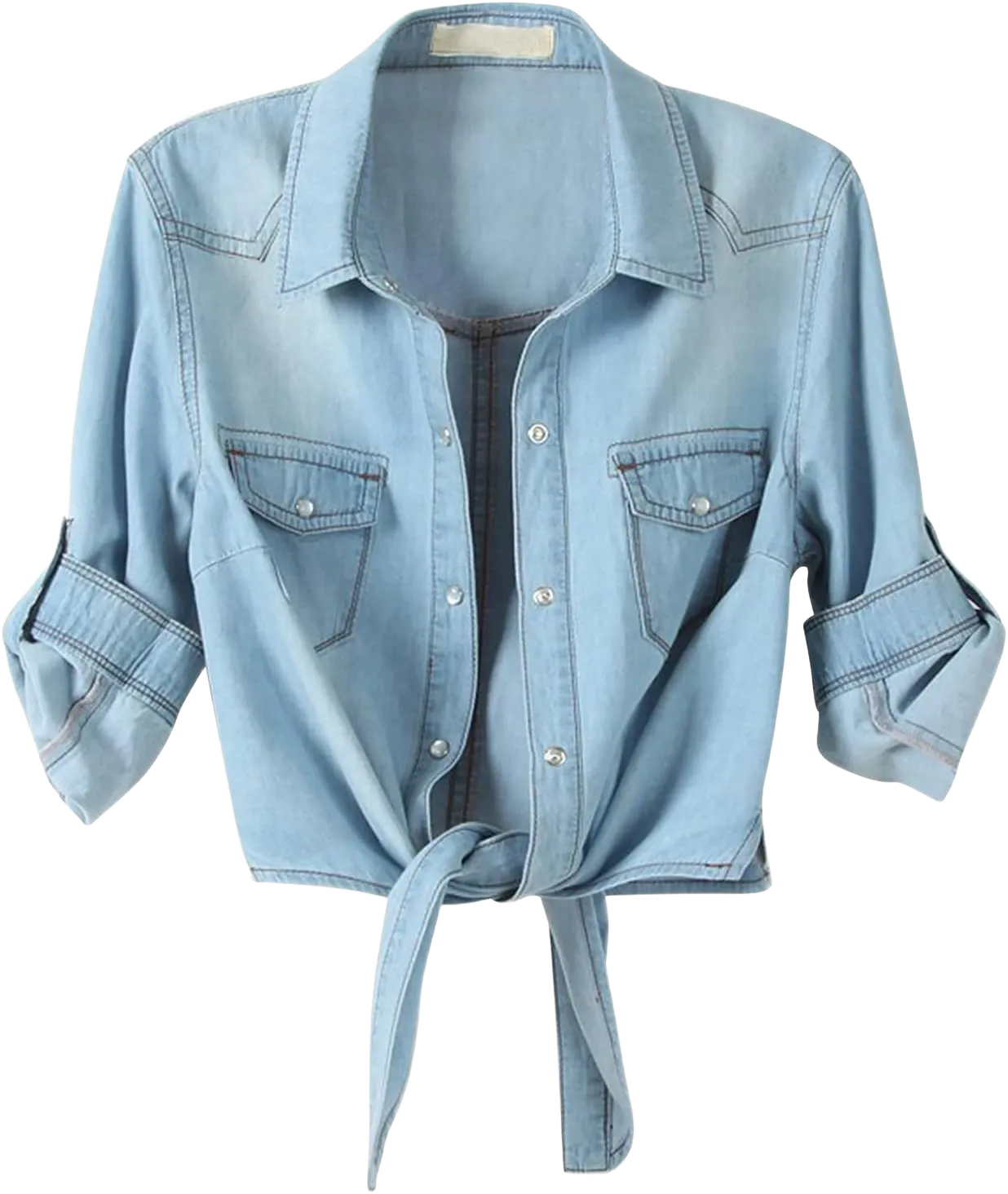 American Trends Women's Denim Shirt 3/4 Sleeve Tie Front Top Knot Chambray Cardigan Button Shirt Jean Crop Top Jacket Medium Light Blue