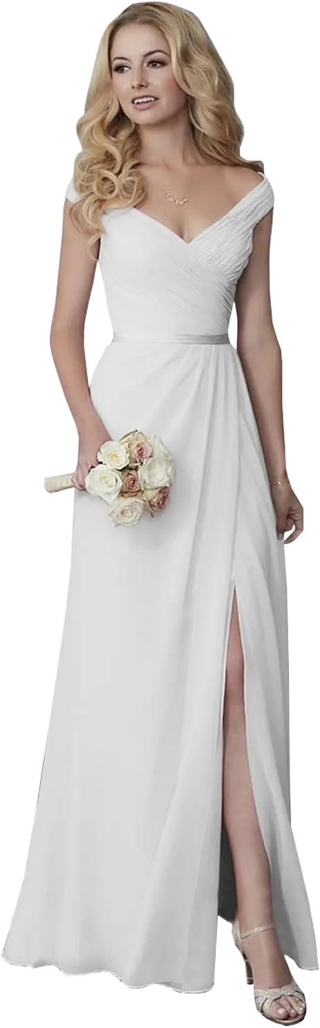 Sukleet Maternity Wedding Dress Plus Size for Women White Formal Dress with Slit Off Shoulder Pleated Chiffon Wedding Party Dress 16W