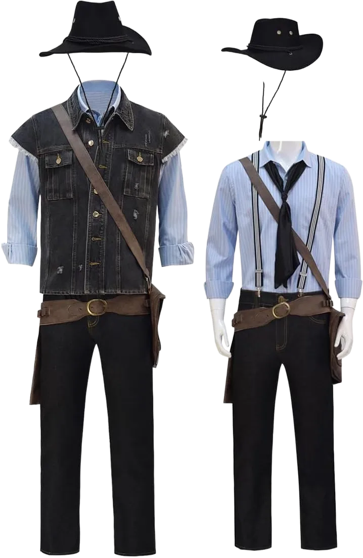 Arthur Morgan Costume Denim Suit Mens Halloween Cosplay Outfit Cowboy Hat Vest Shirt Pants with Holster Bag X-Small Blue Full Set