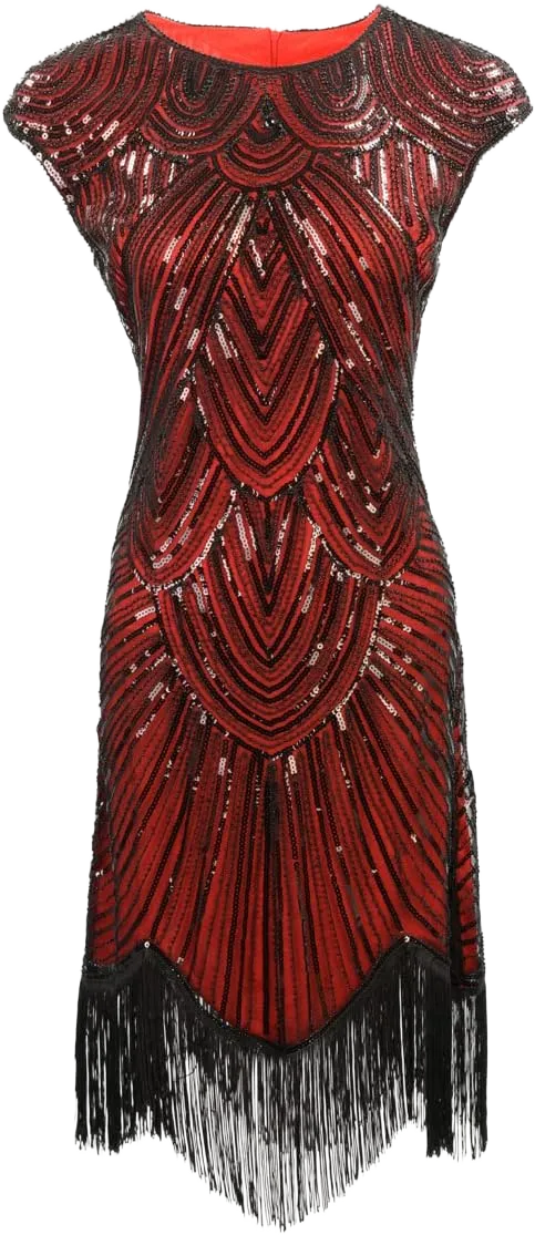 Roaring 20s Costumes Women 1920s Dresses Gatsby 1920s Flapper Vintage Fringed Costume Sequin Party Dress Large Black Red 2