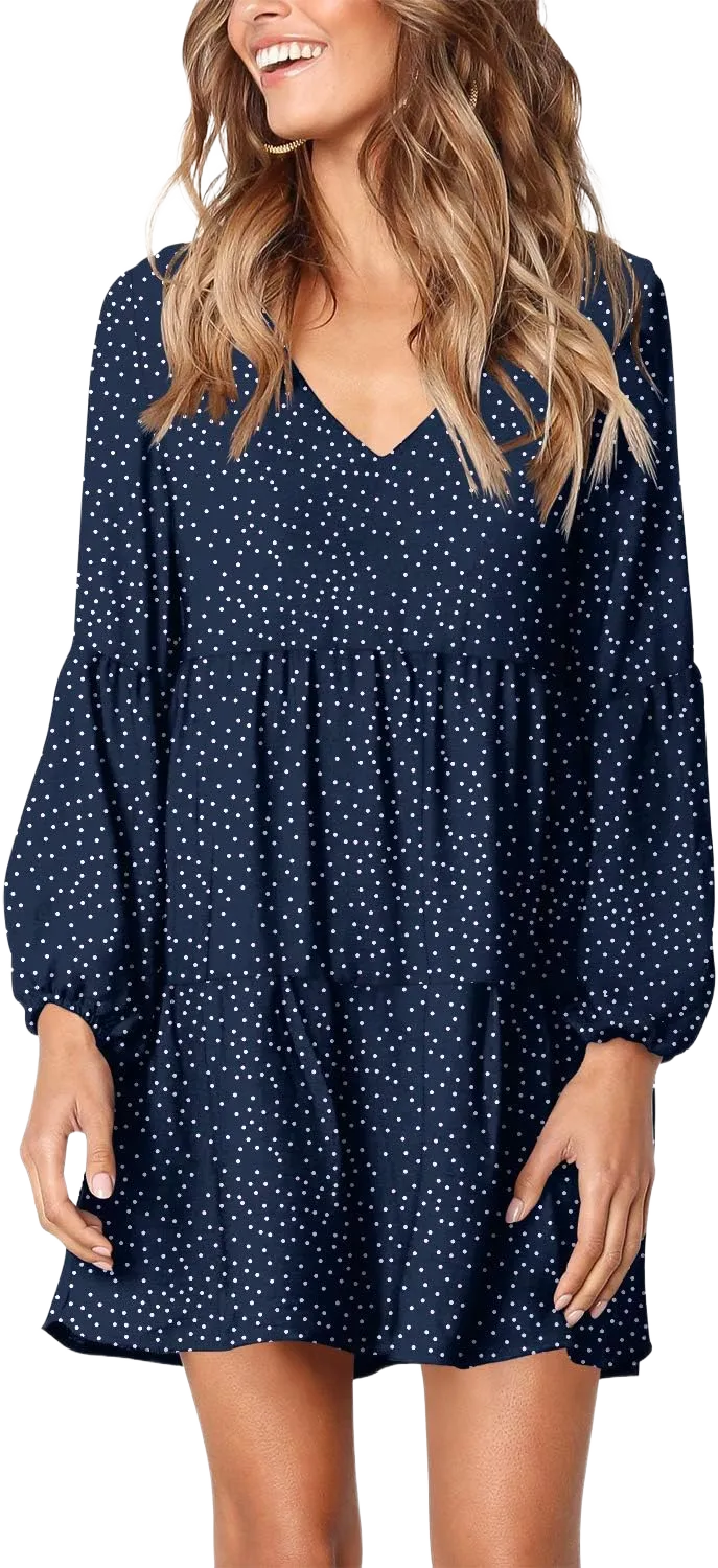 Amoretu Womens Tunic Dress Long Sleeve V Neck Casual Loose Flowy Swing Shift Dresses Large Polka Dot Navy