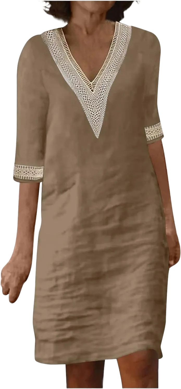 Linen Dresses for Women 2024 Summer 3/4 Sleeve Lace Embroidered V Neck A Line Dress Sexy Beach Vacation T Shirt Dress Small C-khaki