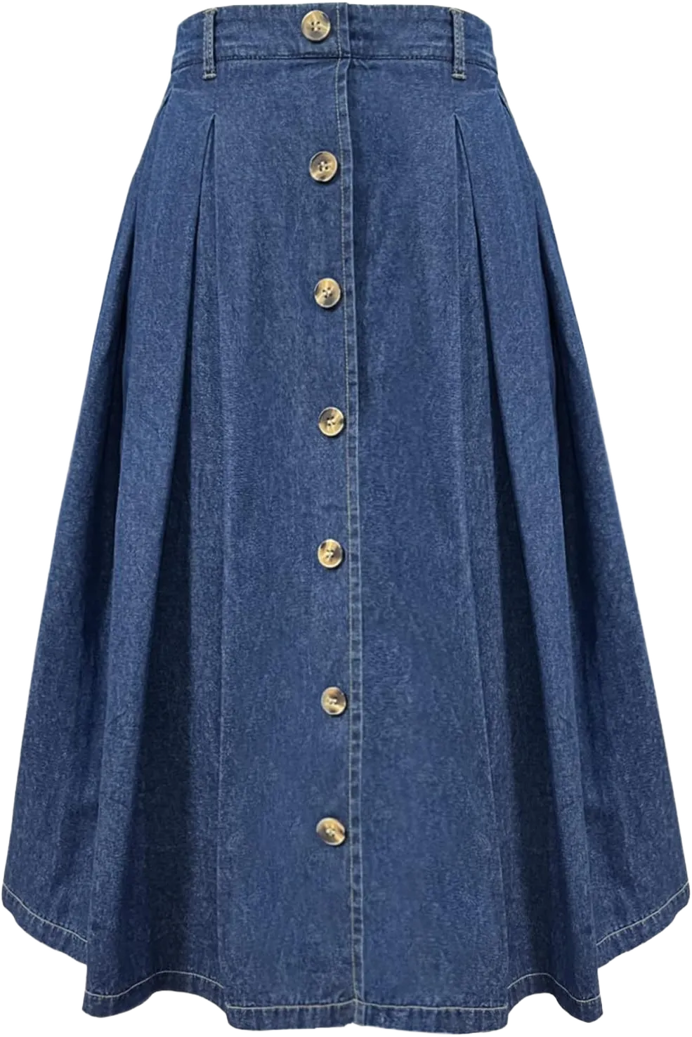 Women’s Midi Pleated Jean Skirt High Elastic Waist A-line Button Front Casual Flared Long Denim Skirts for Women with Pocket