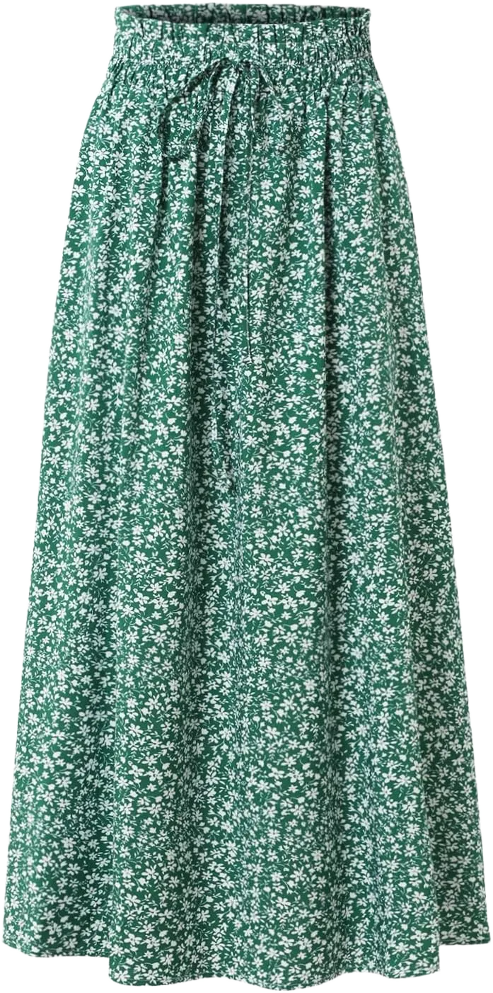 Women's Floral High-waisted Skirt Elastic-waisted Casualt with Pockets Summer and Fall Beach Dress X-Large Green