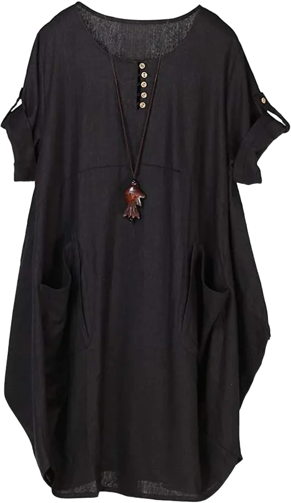 LaovanIn Women's Plus Size Tunic Dress Summer Cotton Linen T Shirt Knee-Length Dresses Large Black