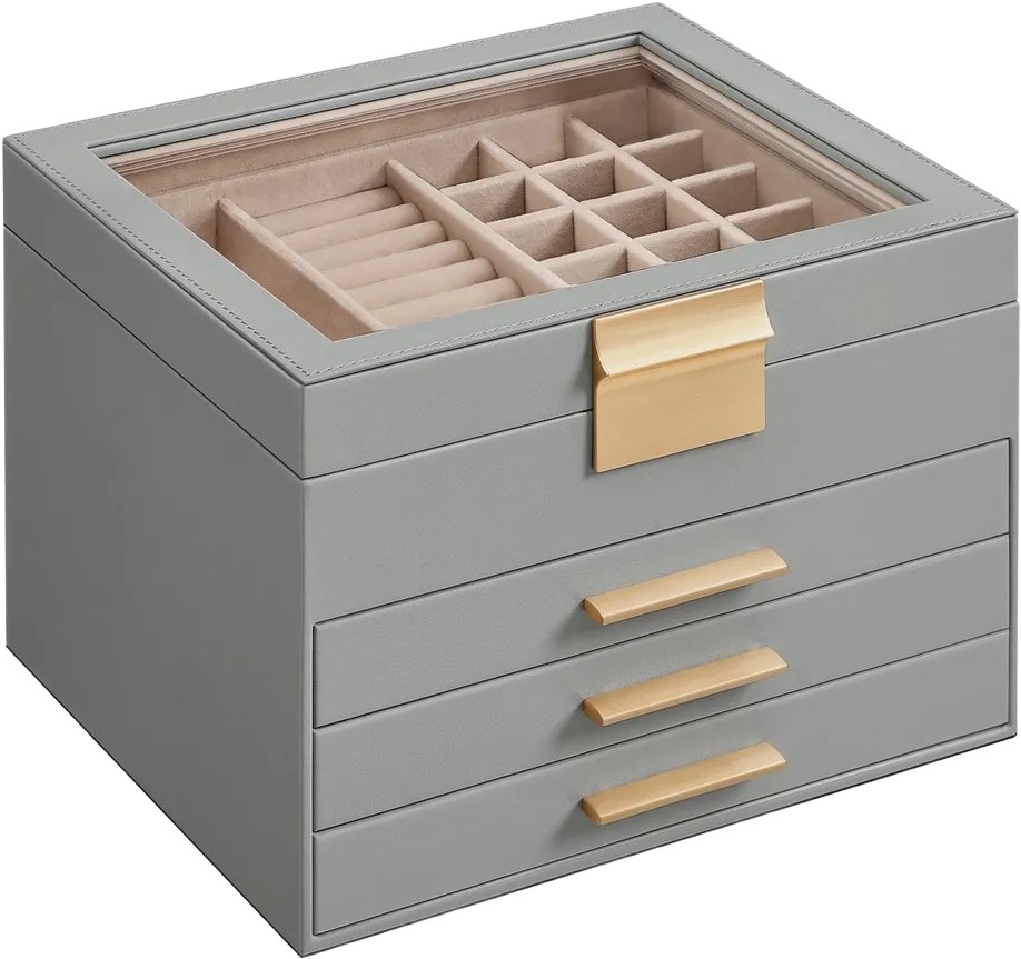 SONGMICS Jewelry Box with Glass Lid, 4-Layer Jewelry Organizer, 3 Drawers, for Big and Small Jewelry, Jewelry Storage, Gray and Gold Color
