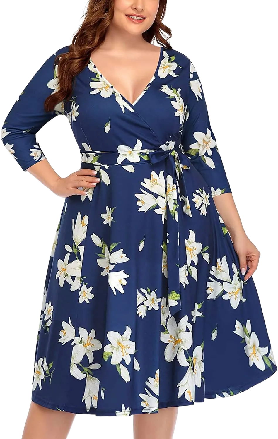 Plus Size Dresses Women Wedding Guest Fall Navy Floral Midi Wrap Long Sleeve V Neck Fit&Flare Casual Party Beach Dress
