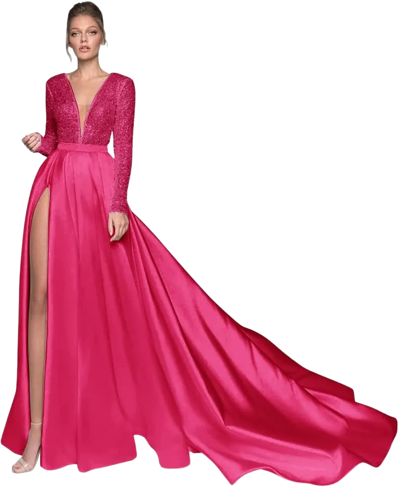 Long Sleeve Prom Dresses Sequin Satin V Neck Slit Formal Evening Gowns for Women with Pockets Wedding Dresses Hot Pink 16