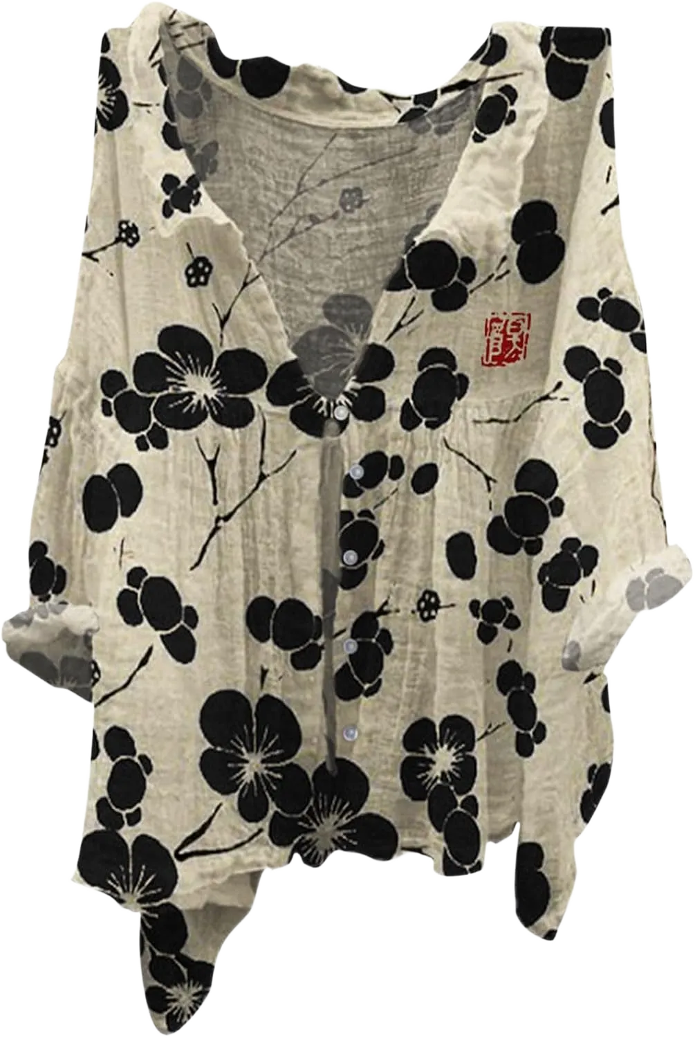 Linen Tops for Women Button Long Sleeve Floral Printed Boho Shirts Loose Casual Collared Shirt Summer Tee Blouses A2 Beige X-Large