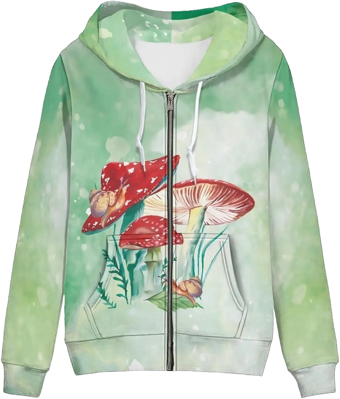 Xoenoiee Novelty Print Hoodie with Pocket for Women Long Sleeve Fall Oversized Sweatshirts Casual Hooded Jacket Medium Mushroom Snail Green