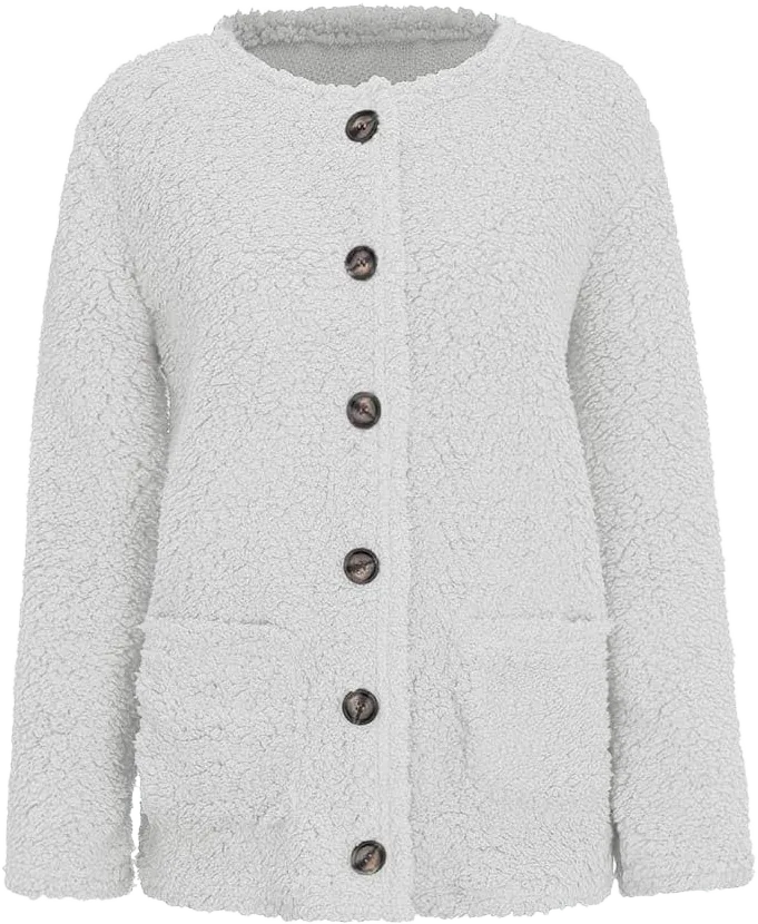 Women's Fuzzy Popcorn Button Down Long Sleeve Cardigan Knit Oversized Sherpa Sweater Cozy Plus Size Coat with Pockets 4X-Large White