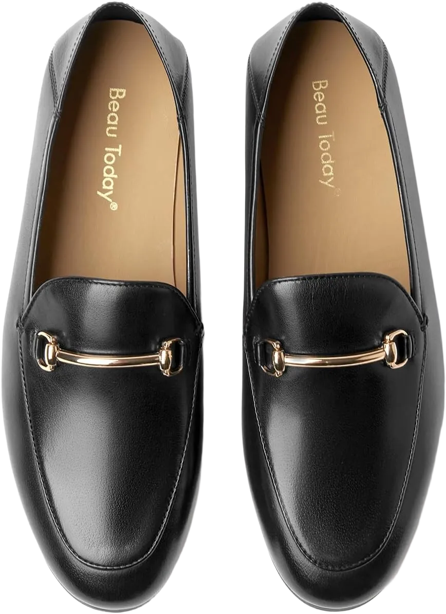 BEAU TODAY Loafers for Women Flats Shoes, Women’s Leather Penny Loafers, Comfortable Slip-on Business Casual Loafers Pointed Toe Non-Slip Office Work Trendy Ladies Flat Dress Shoes 5.5 Black