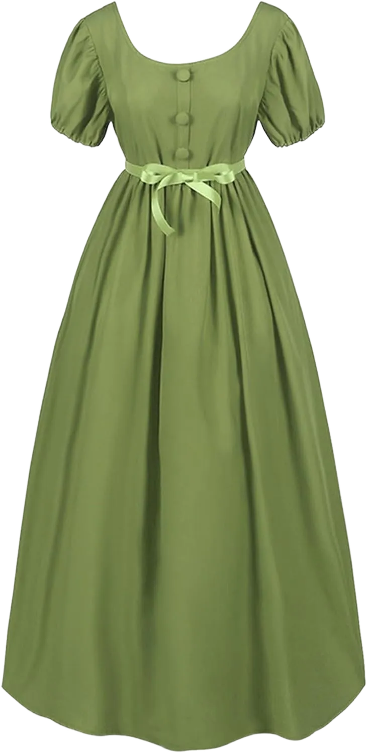 Regency Dresses for Women with Satin Sash Ruffled Puff Sleeve Empire Waist Dress Gown Renaissance Costume Women 3X-Large 12#-green