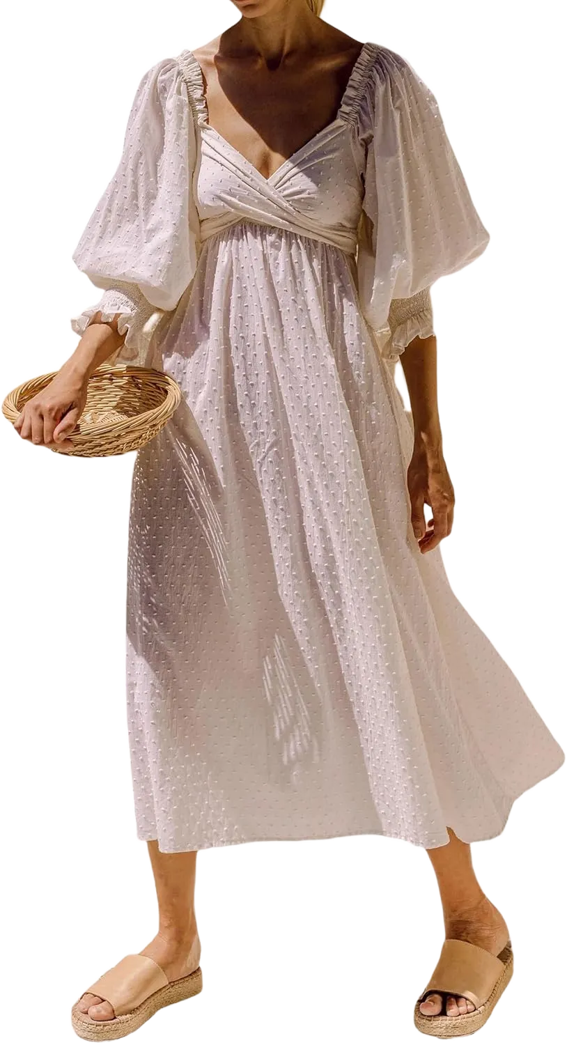 R.Vivimos Women's Summer Boho Cotton Puff Sleeve Dress Swiss Dots Lace Up Smocked Casual A-Line Flowy Midi Dress X-Large White