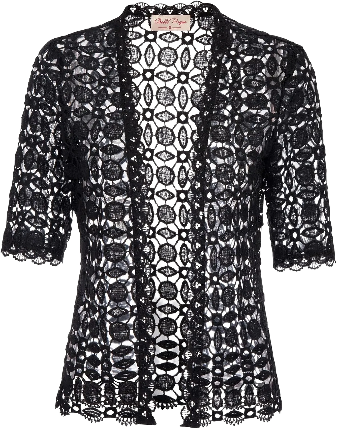 Belle Poque Women's Lace Shrug Cardigan Half Sleeve Scalloped Trim Crochet Bolero Jacket Black Large