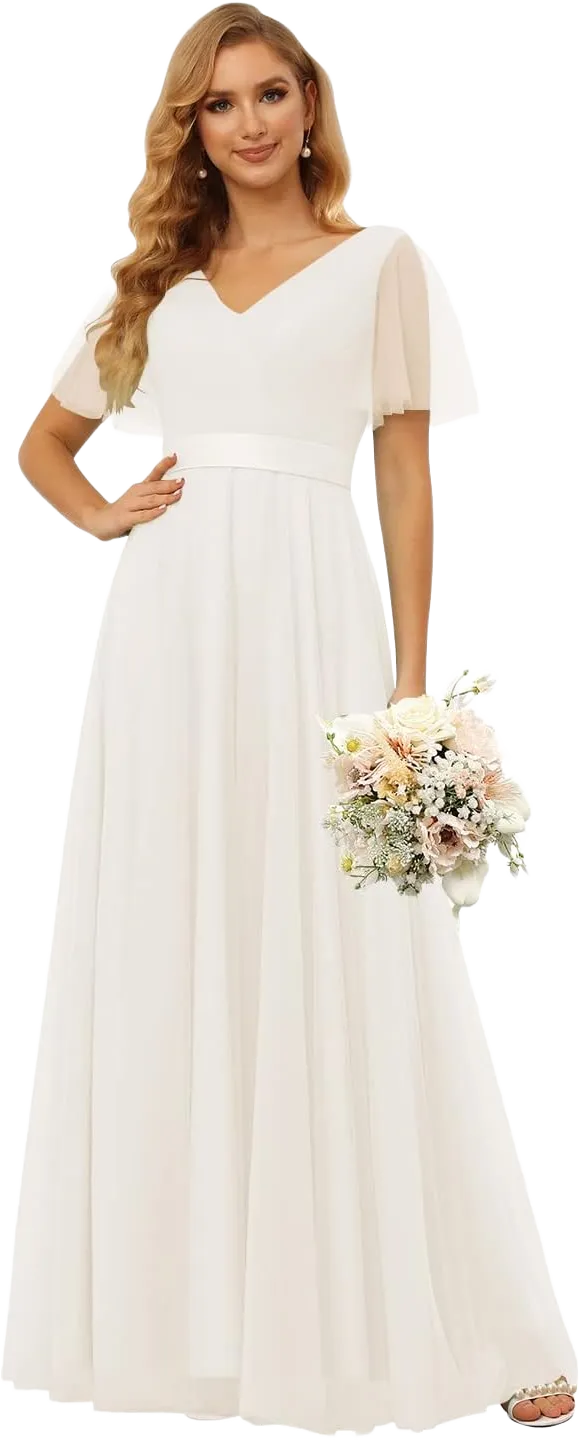 Miao Duo Women’s Flutter Sleeve Tulle Bridesmaid Dresses Long V Neck Empire Waist Formal Dress YZTS101 Ivory 16 Plus