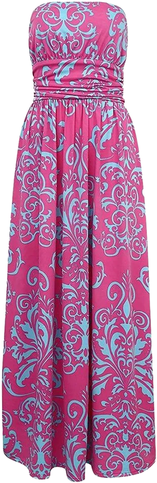 Women's Summer Boho Strapless Midi Dresses High Waist Vintage Floral Print Maxi Long Dress with Pockets Rose Pink XL