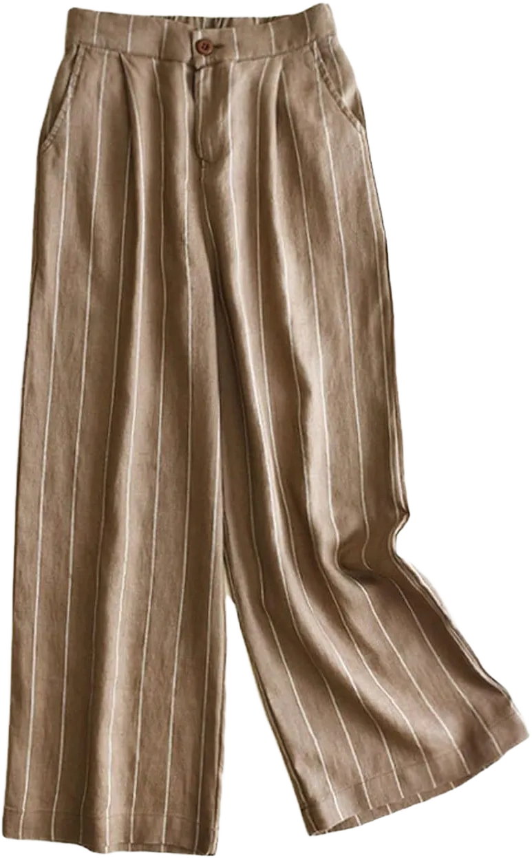 GGUHHU Womens 100% Linen Stripe Wide Leg Pants Stretched High Waist Capri Trousers X-Small Brown