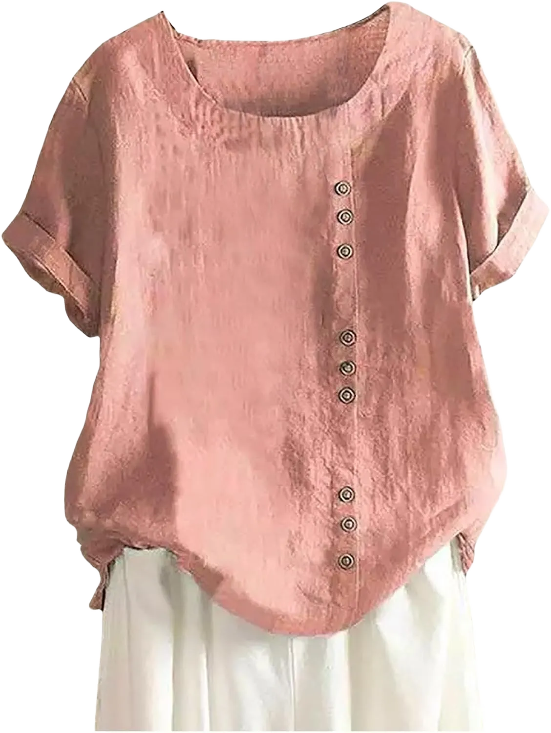 Women's Plus Size Cotton Linen Casual Loose Tunic Top Breathable & Ladies Tops Plus Size as Half Or Long (c-Pink, XXXL)
