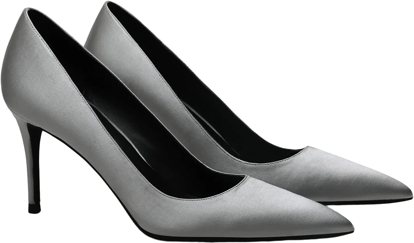 MOOMMO Women Grey Wedding Office Closed Toe Kitten Heel Sandals Classic High Heel Pumps Pointed Toe Stiletto Suede Pump Slip On Satin Heels Dress Shoes Ladies Dressy Retro Elegant Satin Silver Grey 9