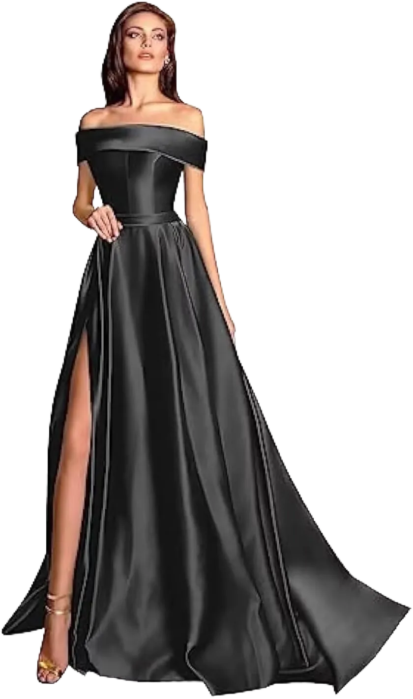 SDRESS Women's Elegant Prom Dresses Satin Off Shoulder Side Split A Line Bridesmaid Evening Party Gown with Pockets 16 Black