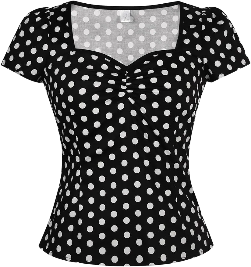 YARN & INK Women's Rockabilly Tops, 1950s Pinup Vintage Blouse Square Neck Slim Fit Shirt Classic Elegant for Women Girls Small Black Polka Dot