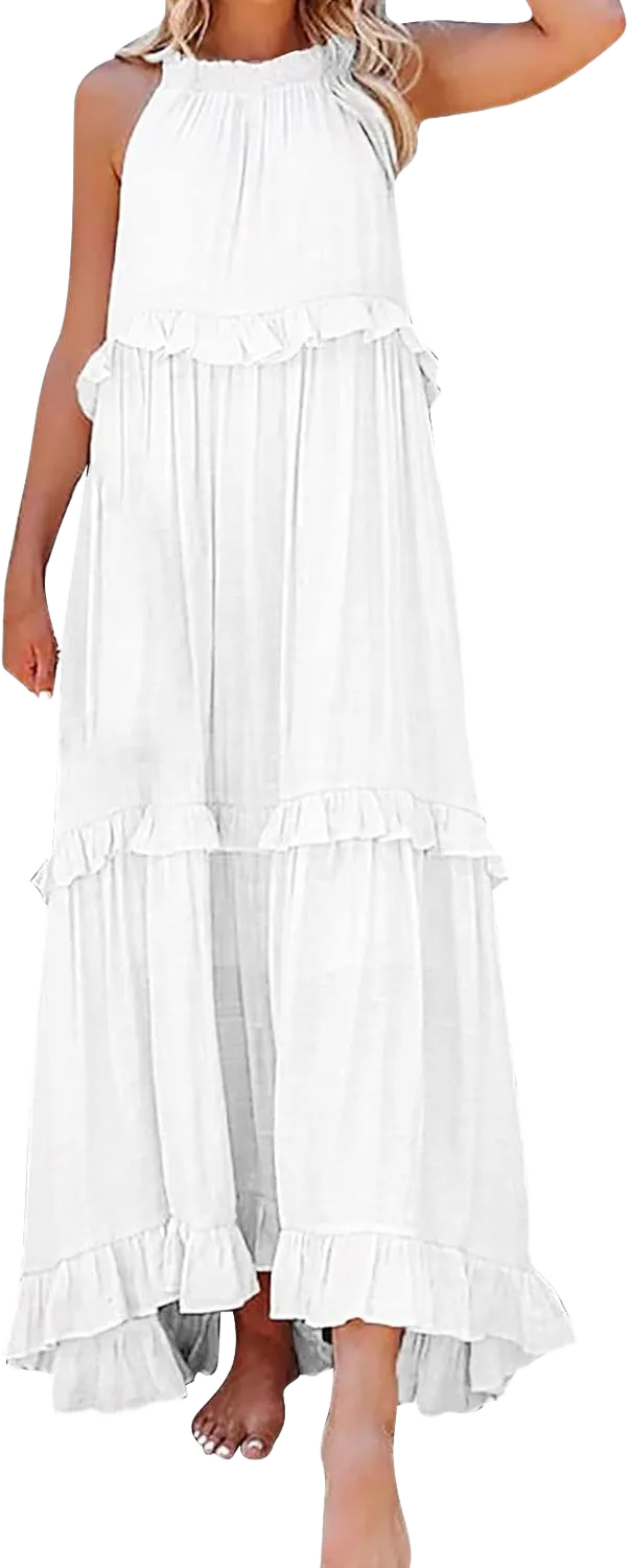 Women's Cocktail Dresses Boho Sleeveless Sundress for Women Flowy Swing Crewneck Ruffle Tiered Maxi Dresses 2024 X-Large A1-white