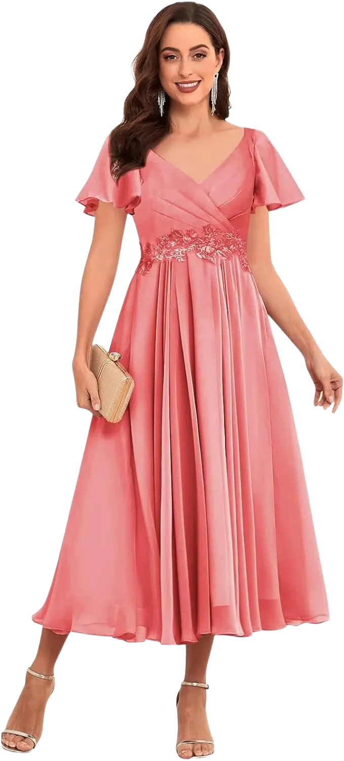 Tea Length Mother of The Bride Dresses for Women Lace Appliques Chiffon Wedding Guest Dresses Formal Gowns with Sleeves Coral 10
