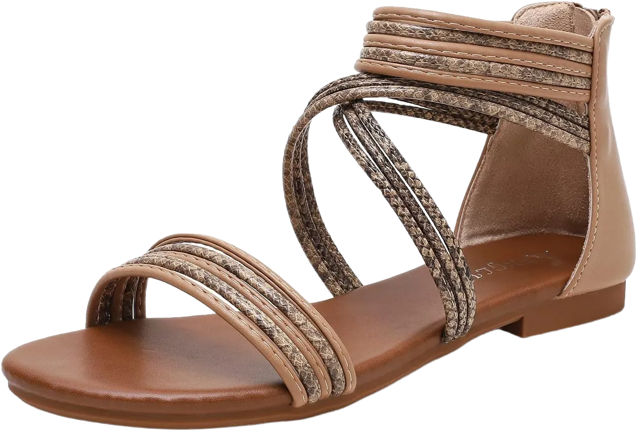 YEOJOU Gladiator Sandals for Women Strappy Leather Flat Sandals Open Toe Ankle Strap Back Zipper Comfortable Dressy Summer Shoes