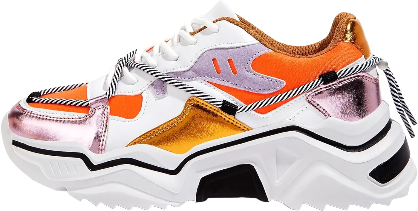 LUCKY STEP Women's Platform Colorful Fashion Sneakers Retro Colorblock Stylish Cute Chunky Dad Walking Shoes 9 White/Orange