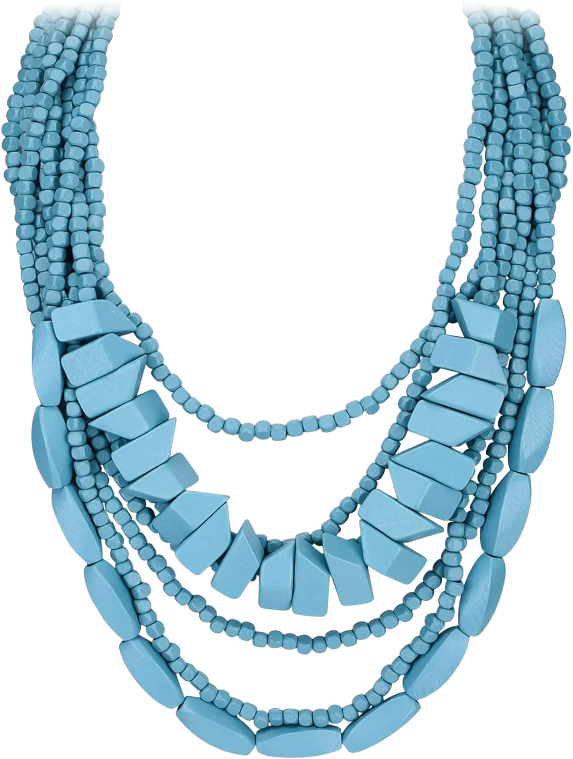 Flyonce Bib Statement Multi Layered Chunky Necklace, Vintage Boho Wood Beaded Strand Collar Necklace for Women Turquoise Blue