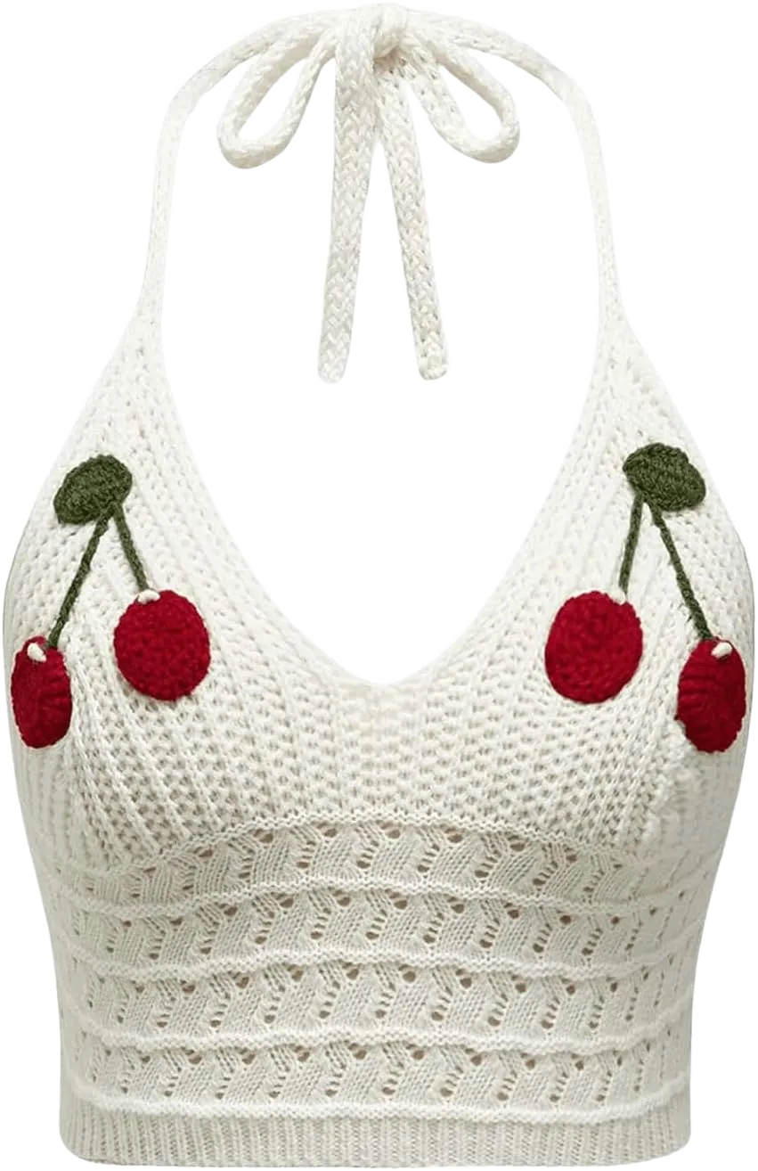 GORGLITTER Women's Crochet Halter Tops Boho Summer Open Back Sleeveless Y2K Crop Tops Medium White