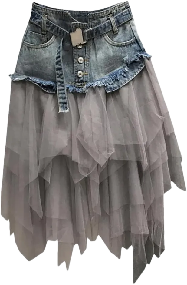 Women Denim Mesh Patchwork Lace Skirt High Waist A Line Asymmetric Frill Tulle Gothic Skirts X-Large A