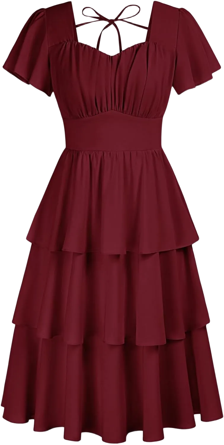 Belle Poque Women's Square Neck Tiered Ruffle Dress 2025 Summer Vintage Short Sleeve Layered A-line Swing Midi Dress