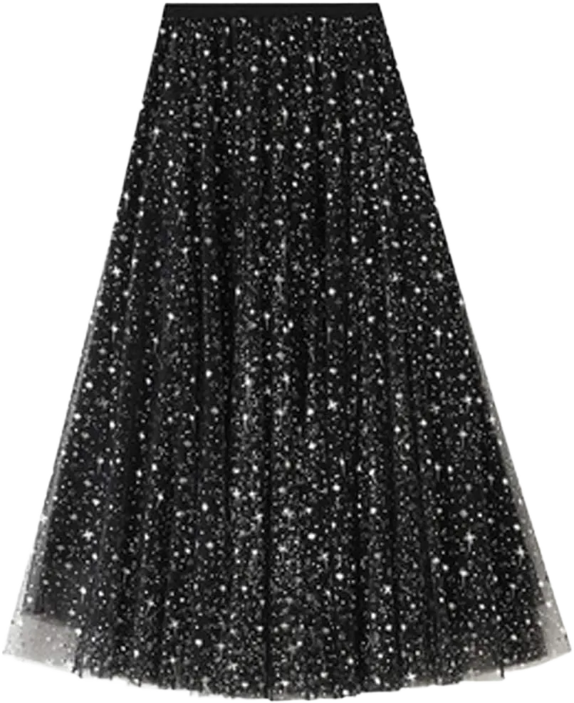 Femiserah Women's Long Rainbow A Line Tulle Tutu Skirts Tiered Skirt Petticoat One Size Sequins Black