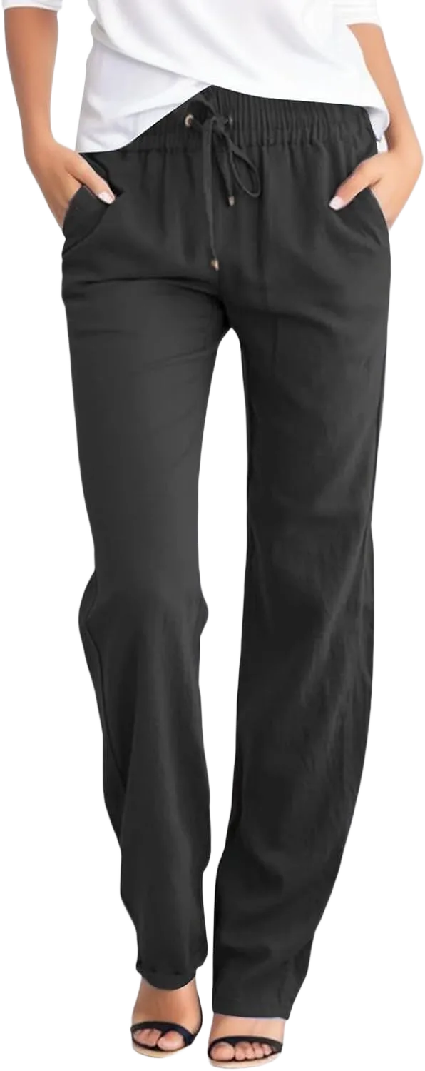 Womens Cotton Linen Trousers Solid Color Straight Leg Drawstring Pants Summer Fashion Loose Fit Lounge Pants with Pockets, 4X-Large, J#_black
