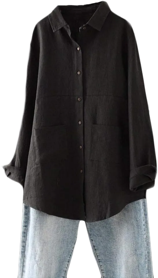 Minibee Women's Linen Shirts Button Down Long Tunic Tops Plus Size Blouse With Pockets X-Large Black