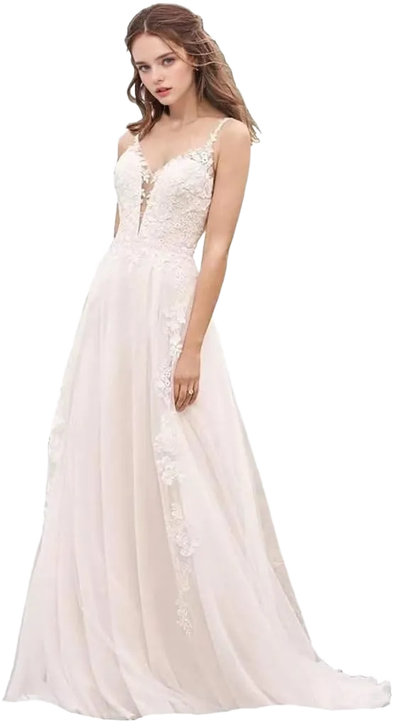 Women's Wedding Dresses for Bride 2024 V Neck Long Wedding Dress A Line Lace Bride Dress 20 Plus E-white
