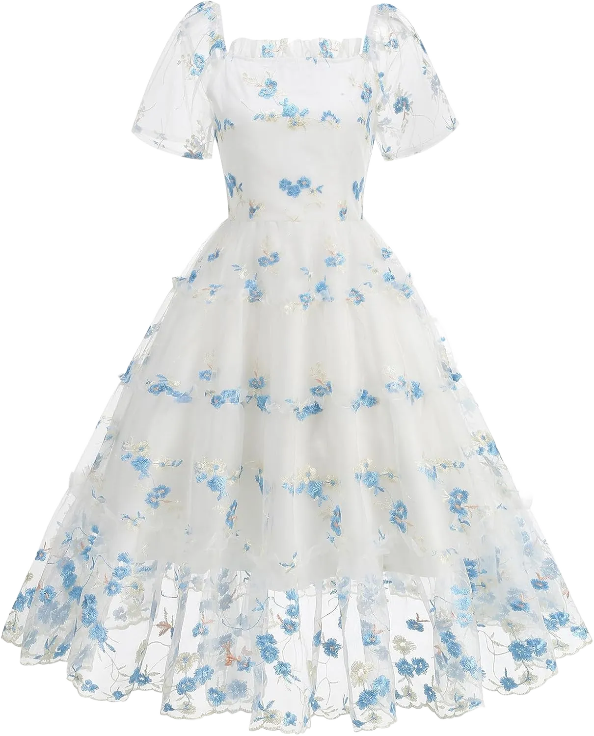 IDOPIP Women Floral Embroidery Tulle Swing Dress 50s Vintage Wedding Cocktail Prom Gown Square Neck Tiered Smocked Midi Dress Large White+blue