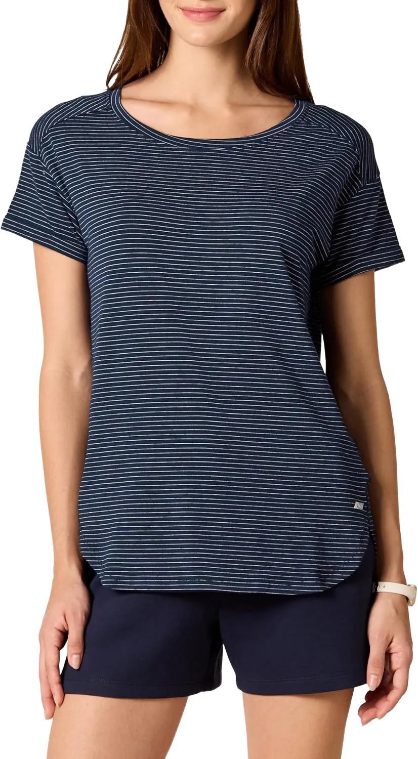 Amazon Essentials Women's Studio Relaxed-Fit Lightweight Crewneck T-Shirt (Available in Plus Size), Multipacks 1 Navy Stripe X-Small