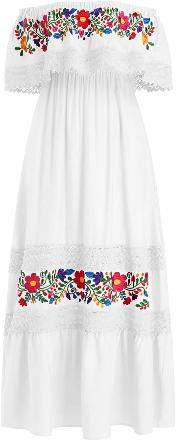 Womens Maxi Dress Lace Strap Sexy Sundresses V Neck Floral Dresses Cold Shoulder Short Sleeve Vacation Cami Dress X-Large White
