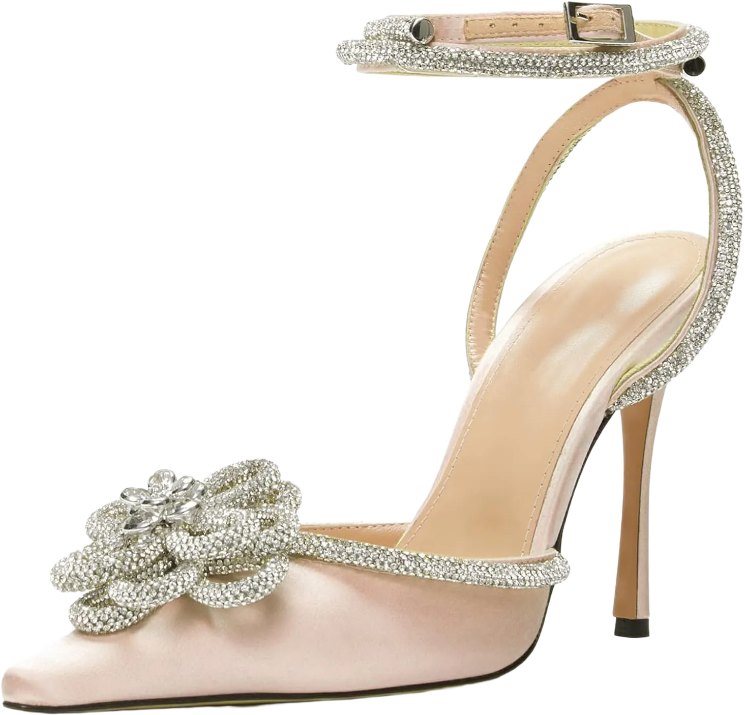 Women's Heeled Sandals Pointed Toe Crystal Heart Glitter Pumps Rhinestones Embellished Ankle Strap Slip-On Stilettos Wedding Party Dress Shoes 11.5 Nude Flower