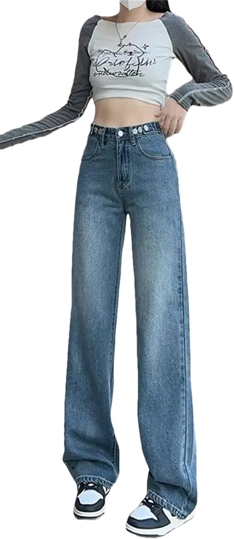Women High Waist Wide Leg Loose Straight Adjustable Waist Denim Pants Small Retro Blue-plus