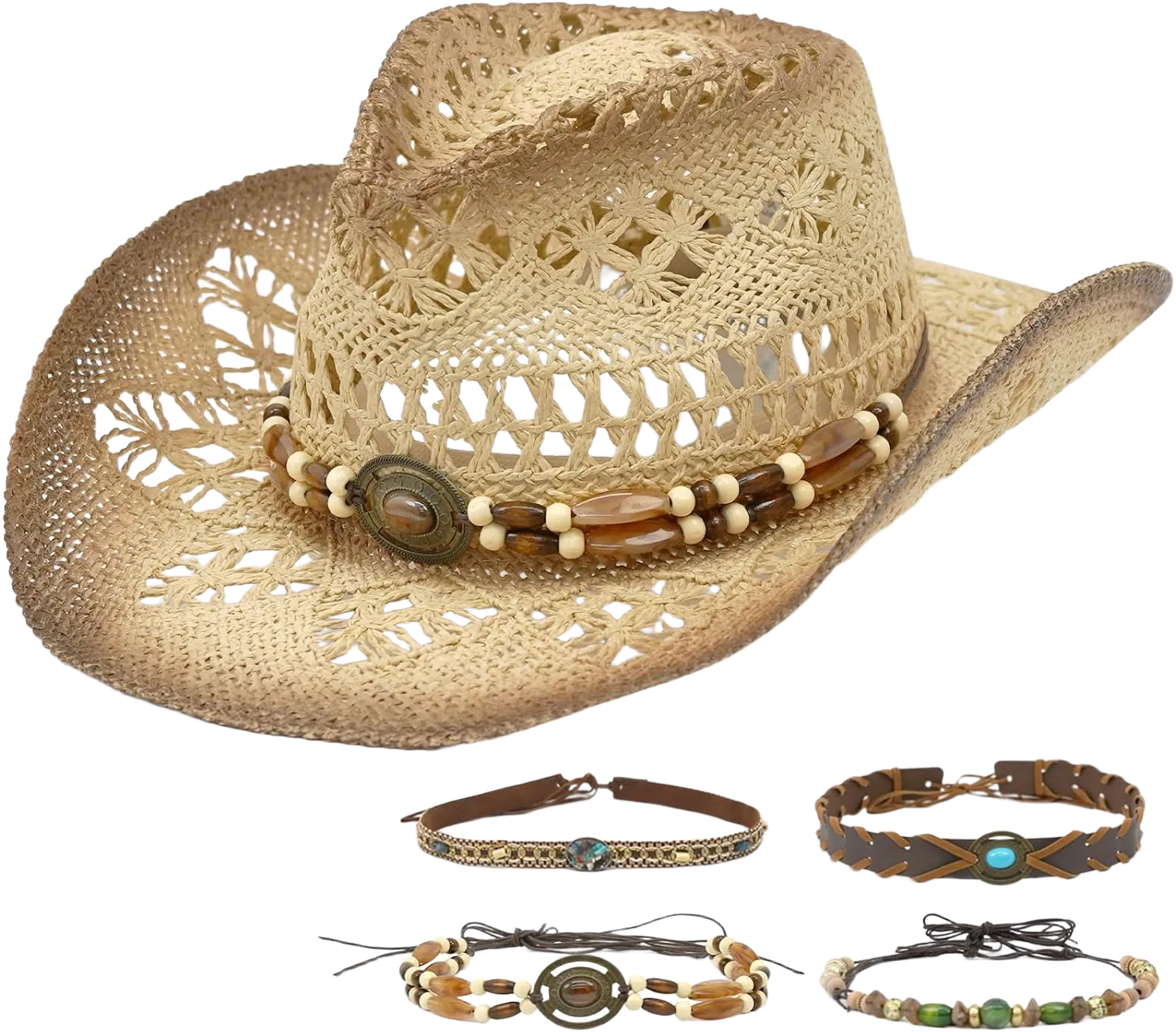 Straw Cowboy Hats for Women & Men, Boho Wide Brim Cowgirl Hat with Decorative Bands Hats for Western Outfit Light Brown One Size