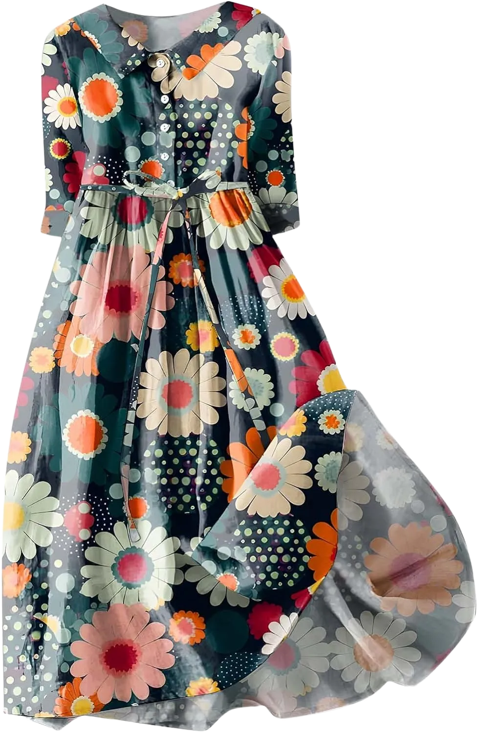 Women Retro Boho Floral Print Cotton Linen Dress Lapel Button 3/4 Sleeve Casual Midi Shirt Dresses Summer Pleated Dress Large Blue
