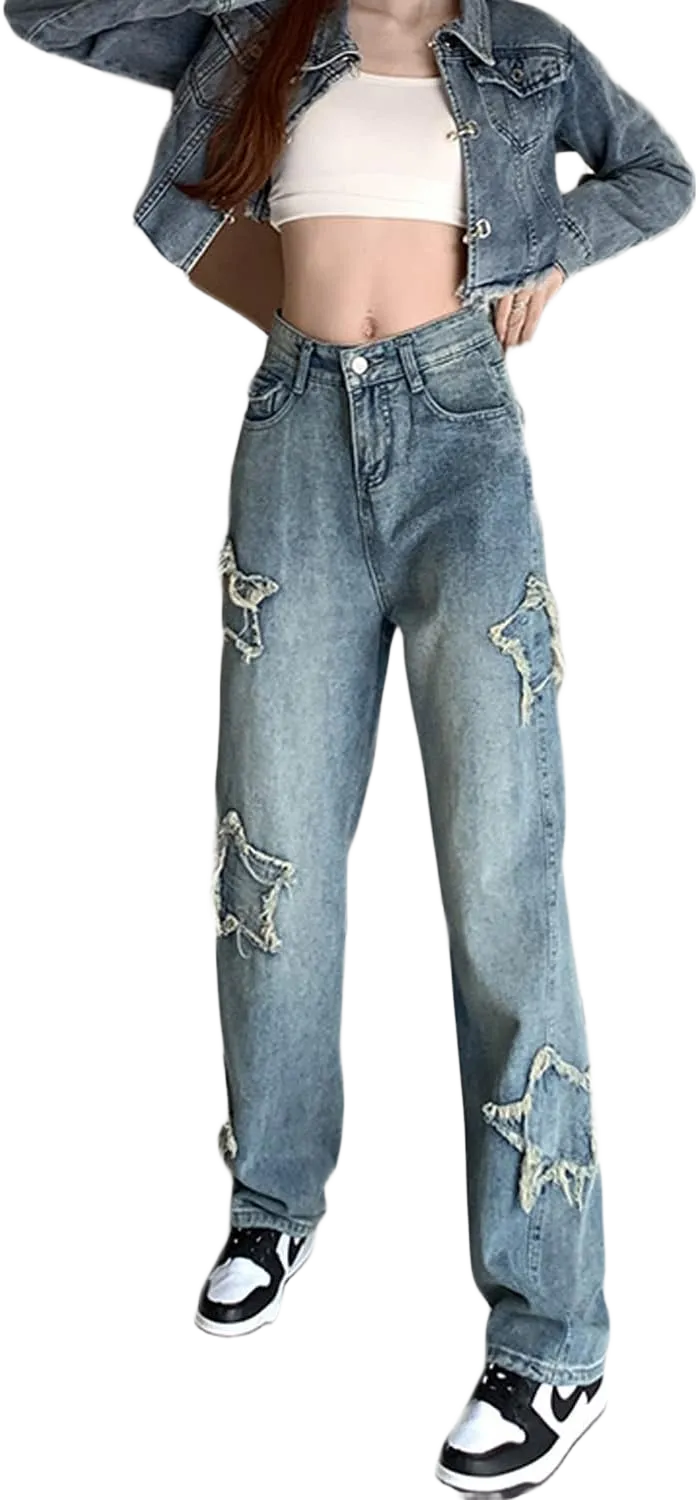 Women's Fashion Straight Leg High Waisted Jeans Regular Relaxed Fit Trendy Vintage Boyfriend Juniors Mom Fit Y2K Jeans… X-Small Blue