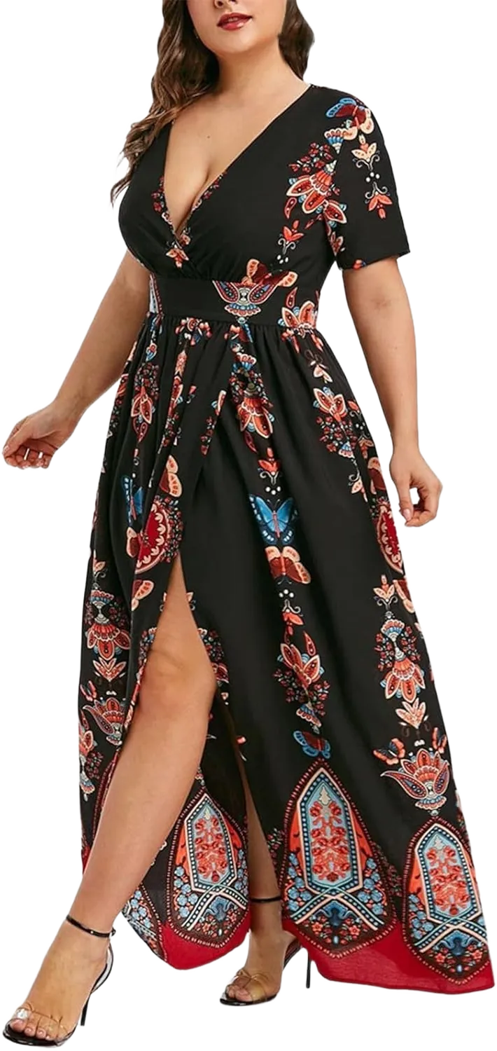 Plus Size Dresses for Curvy Women,2024 Spring Summer Elegant Wrap V Neck Bodycon Maxi Dress,Trendy Vintage Floral Print Short Sleeve Boho Dress,Flowy Ruched High Slit Beach Dress(D-Black,3XL)