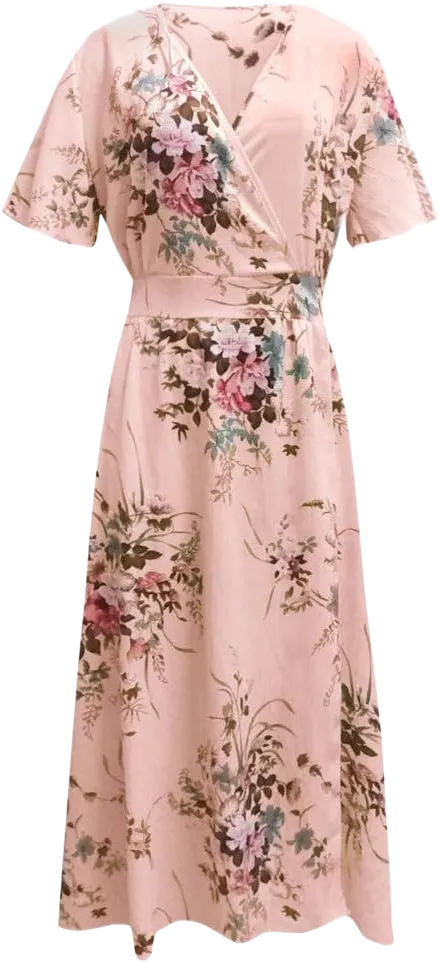 Plus Size Wedding Guest Dress for Curvy Women 2024 Summer Casual Boho Floral Maxi Wrap Dress Empire Waist with Pocket 5X-Large 02-pink