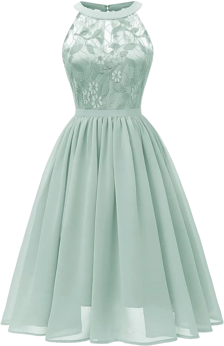 Women Vintage Halter Neck Floral Lace Hi-Lo Backless Bridesmaid Dress A-Line Short Prom Retro Cocktail Formal Swing Dress X-Large Light Green