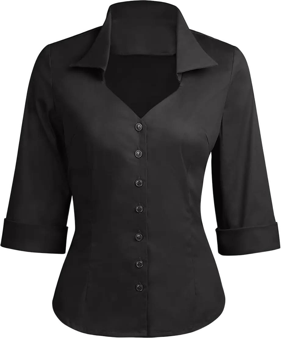 YARN & INK Women's Solid Classic-Fit Casual Blouses Button Down 3/4 Sleeve Dress Shirt 1950s Retro Elegant Work Office Tops Small Black